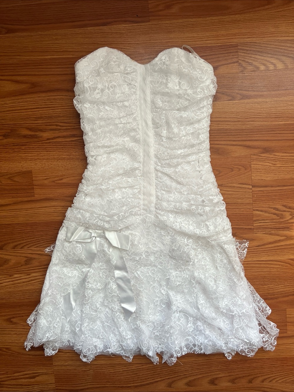 Gunne Sax White Strapless Lace Dress with Satin Bow